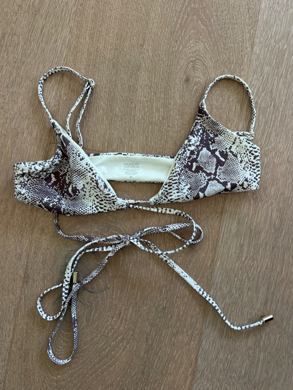 Monday Swimwear Snake-Print Tie Back Bikini Top in Brown and Cream